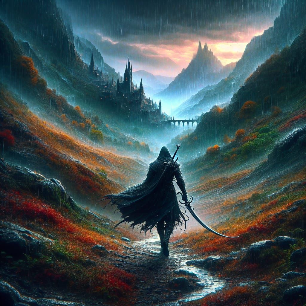 Solemn Wanderer Approaches Enchanted Town in Fantasy Landsca...