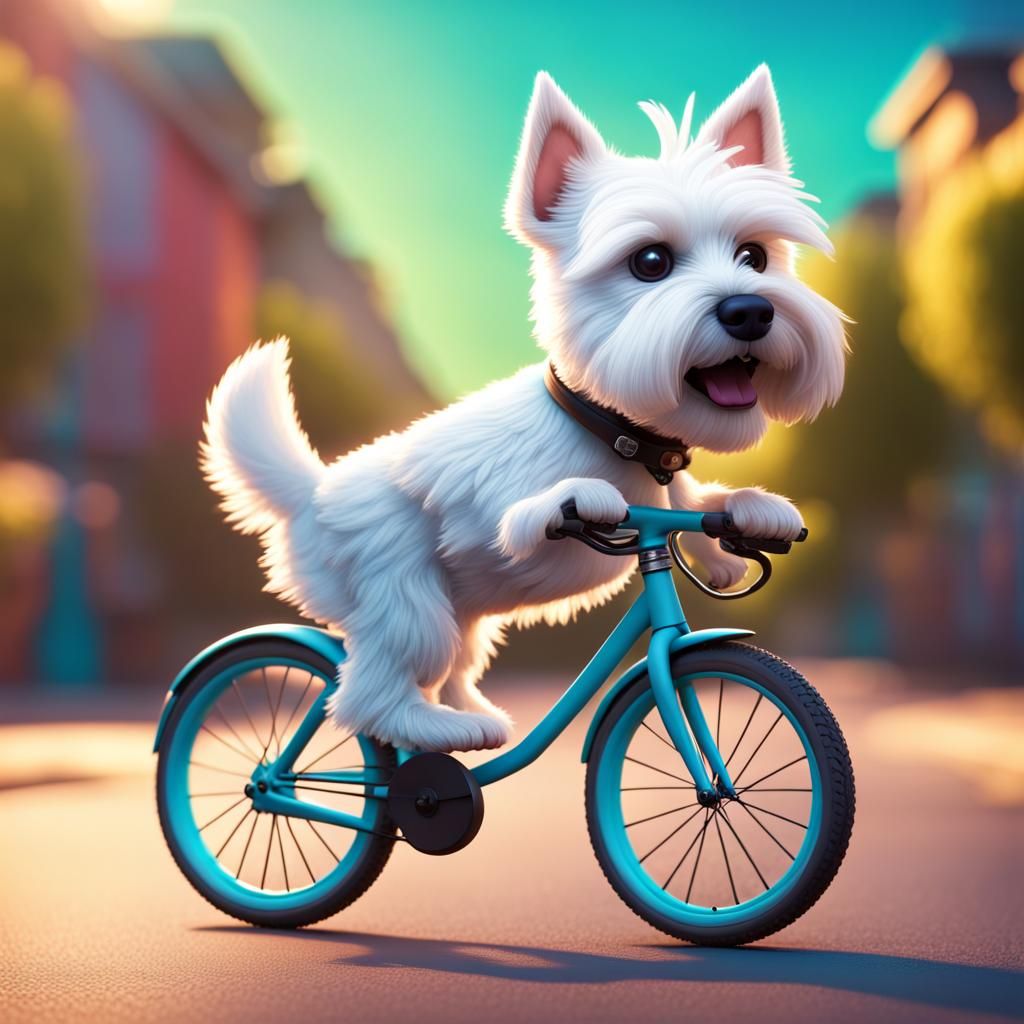 Westie Dog Rides Bicycle: Pixar-Style 3D Art