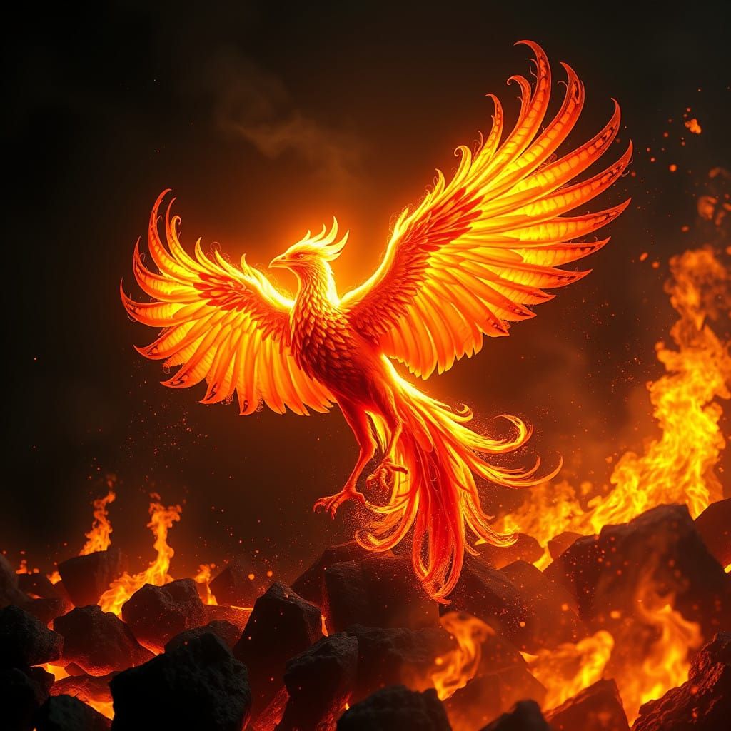 Mythic Phoenix Erupts from Fiery Embers in Vibrant Plume