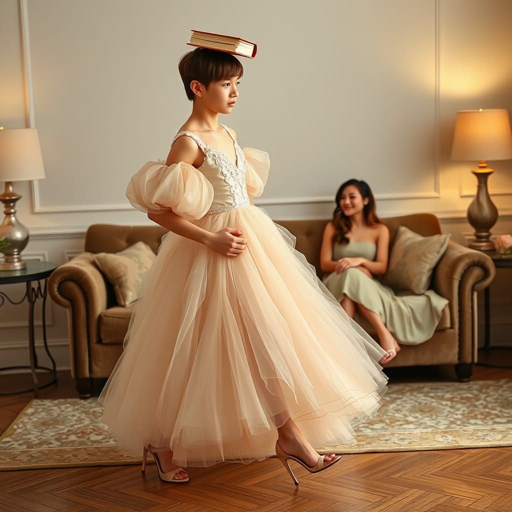 Confident Boy Practices in Heels, Editorial Fashion