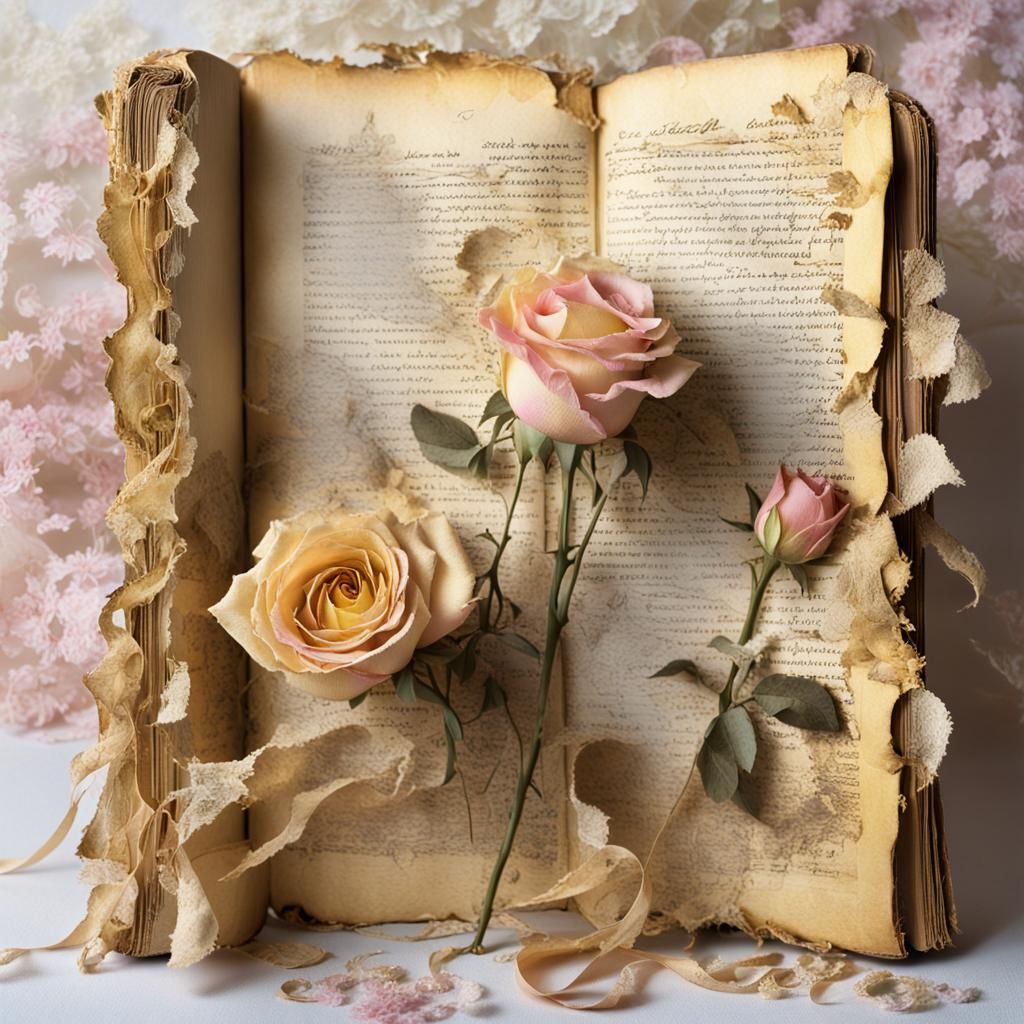 Nostalgic Roses on Aged Book Page in Watercolor Style