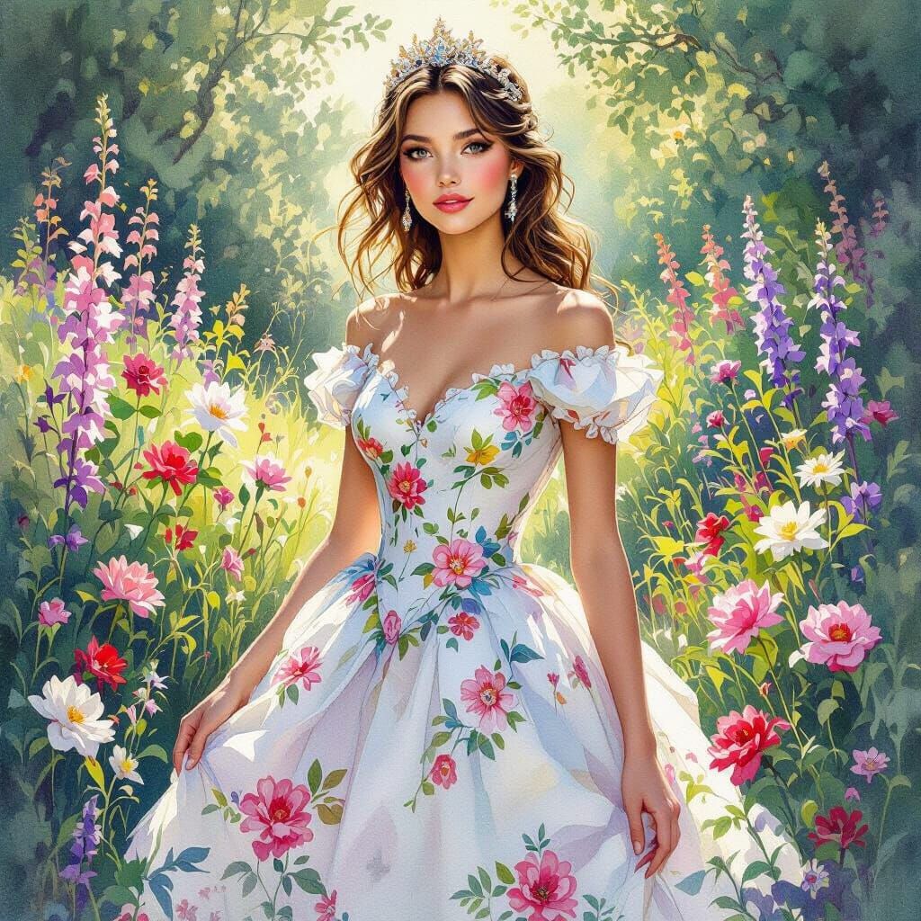 Princess in Floral Dress: Crystal Acrylic Watercolor Paintin...