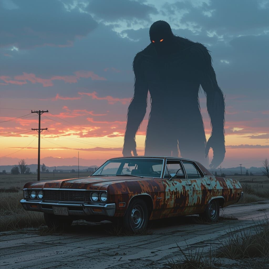 Eerie Sedan on a Desolate Road