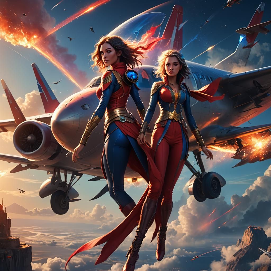 Fantasy Girl on Airplane: Vibrant Matte Painting