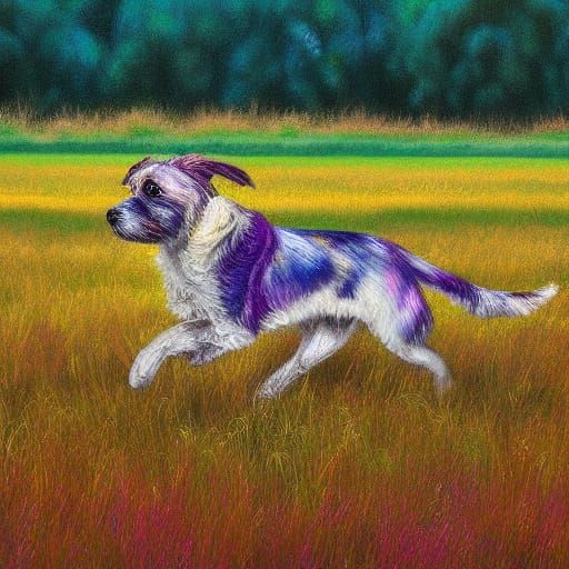 Energetic Dog Running in Field: Vibrant Oil Painting