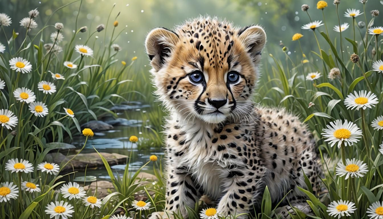 Adorable Silver and White Cheetah Cub in Dandelions