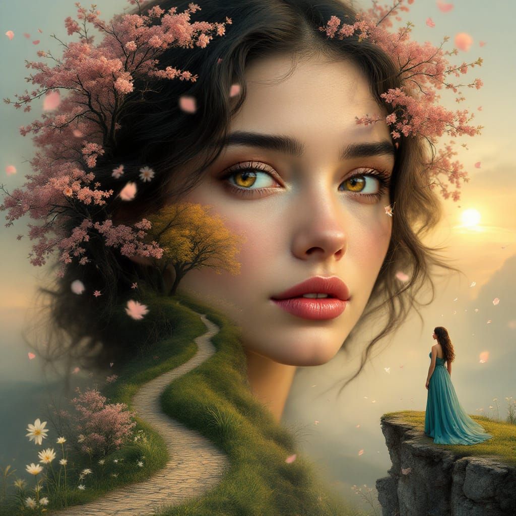 Ethereal Woman Merges With Dreamlike Sunset Landscape