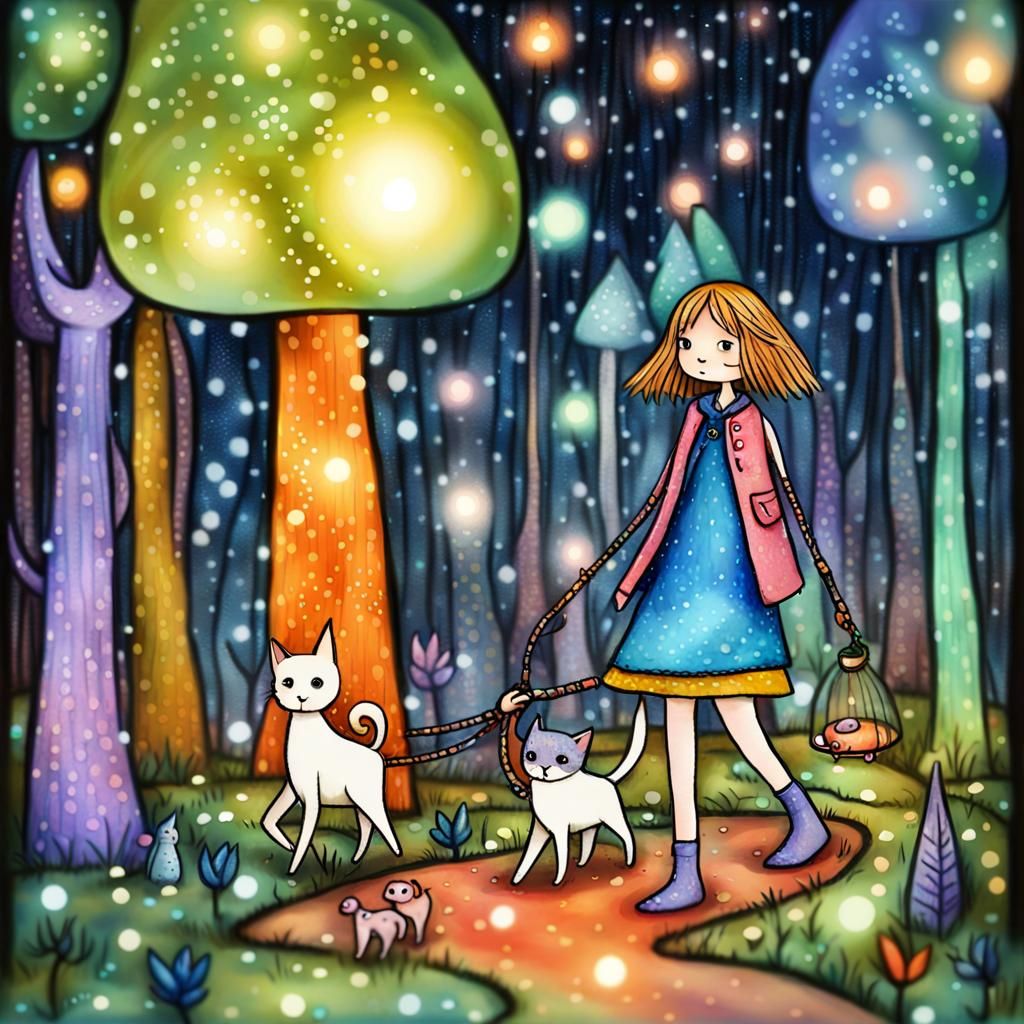 Child and Pets in Magical Forest, Art Brut Style