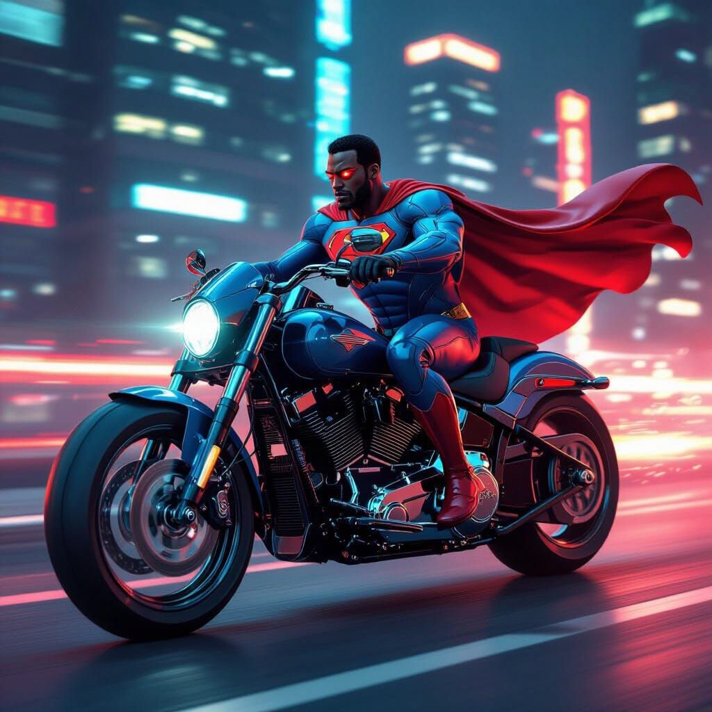 Superman Rides Harley Through Neon Cityscape