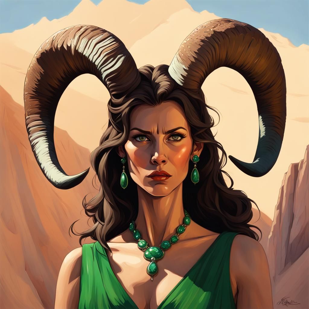 Alarmed Woman with Ibex Horns in Film Noir