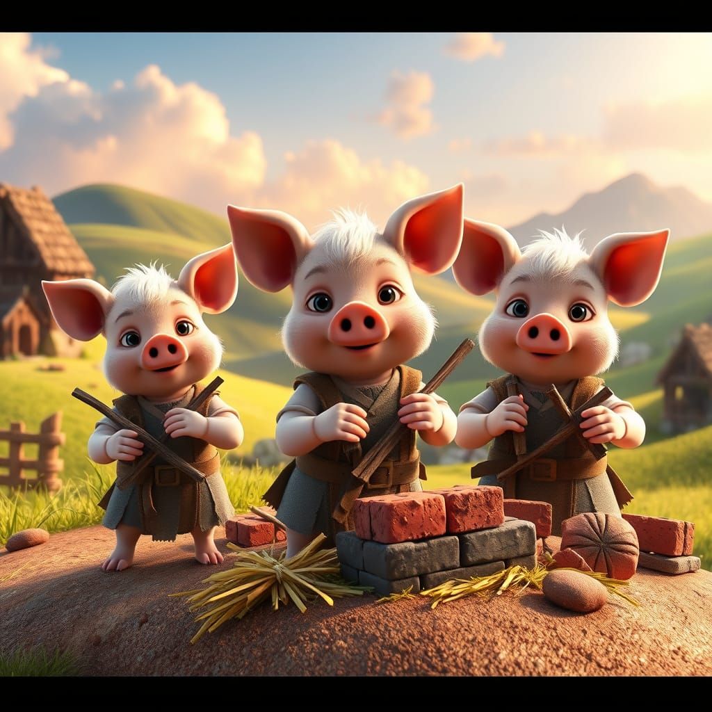 Three Little Pigs Build Homes in Whimsical Countryside