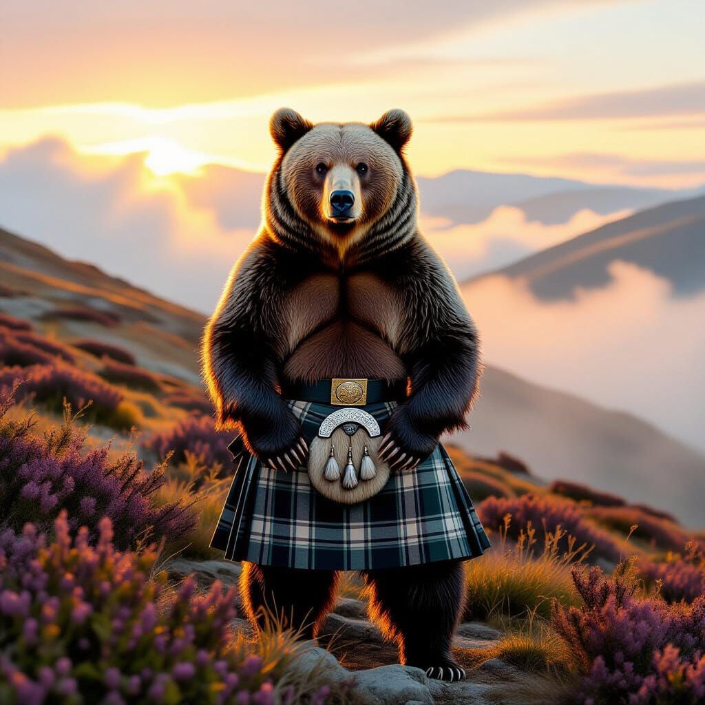 Grizzly Bear in Kilt on Scottish Hillside