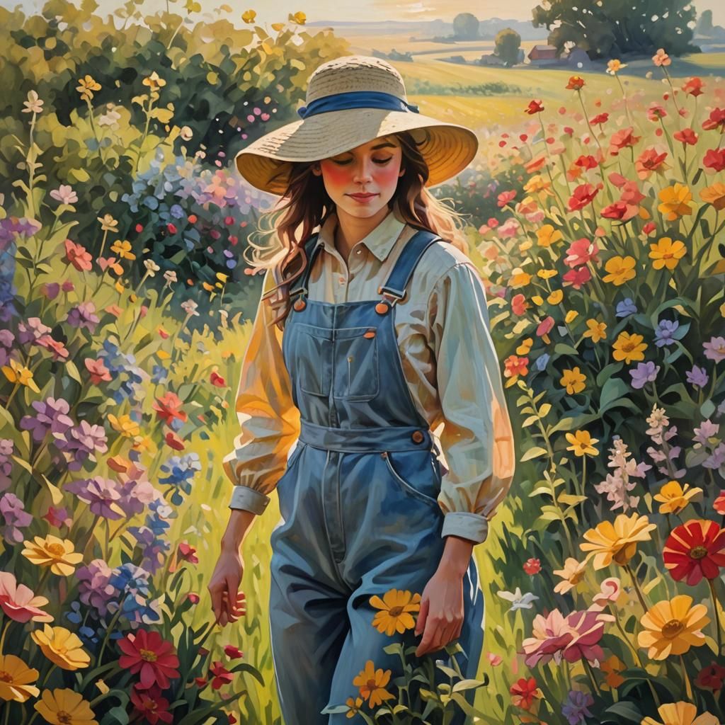 Woman in Flower Field: Impressionist Oil Painting
