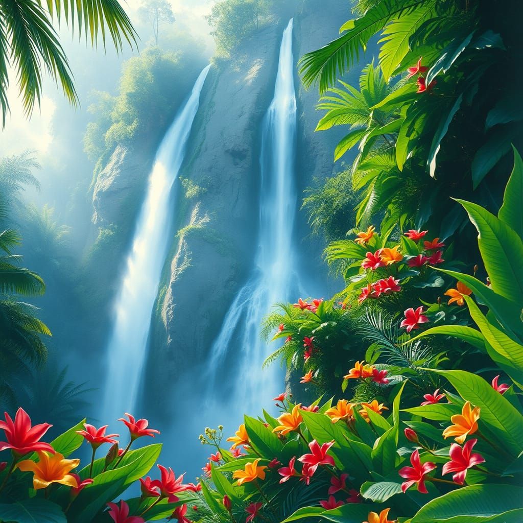 Tropical Waterfall in Vibrant Watercolor Style