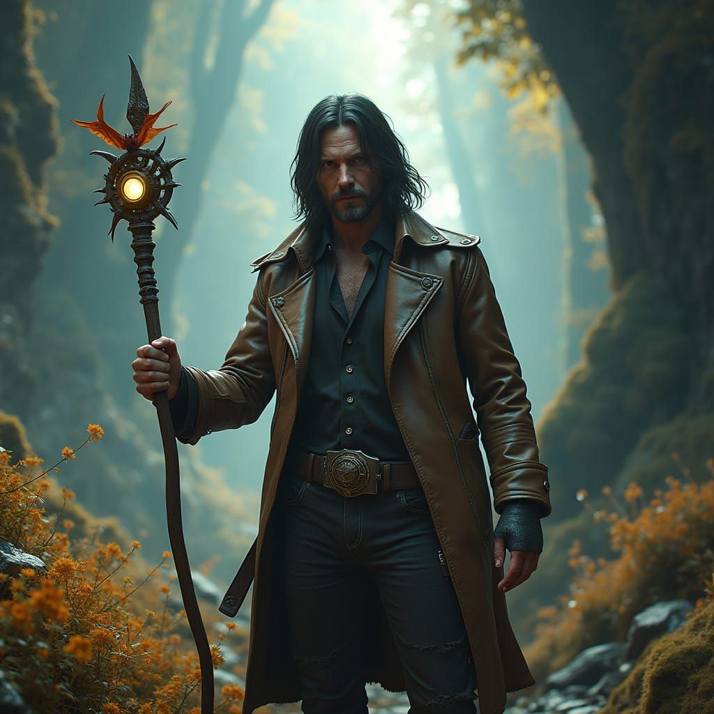 Ethereal Hero Stands Vigilant in Lush Fantasy Realm