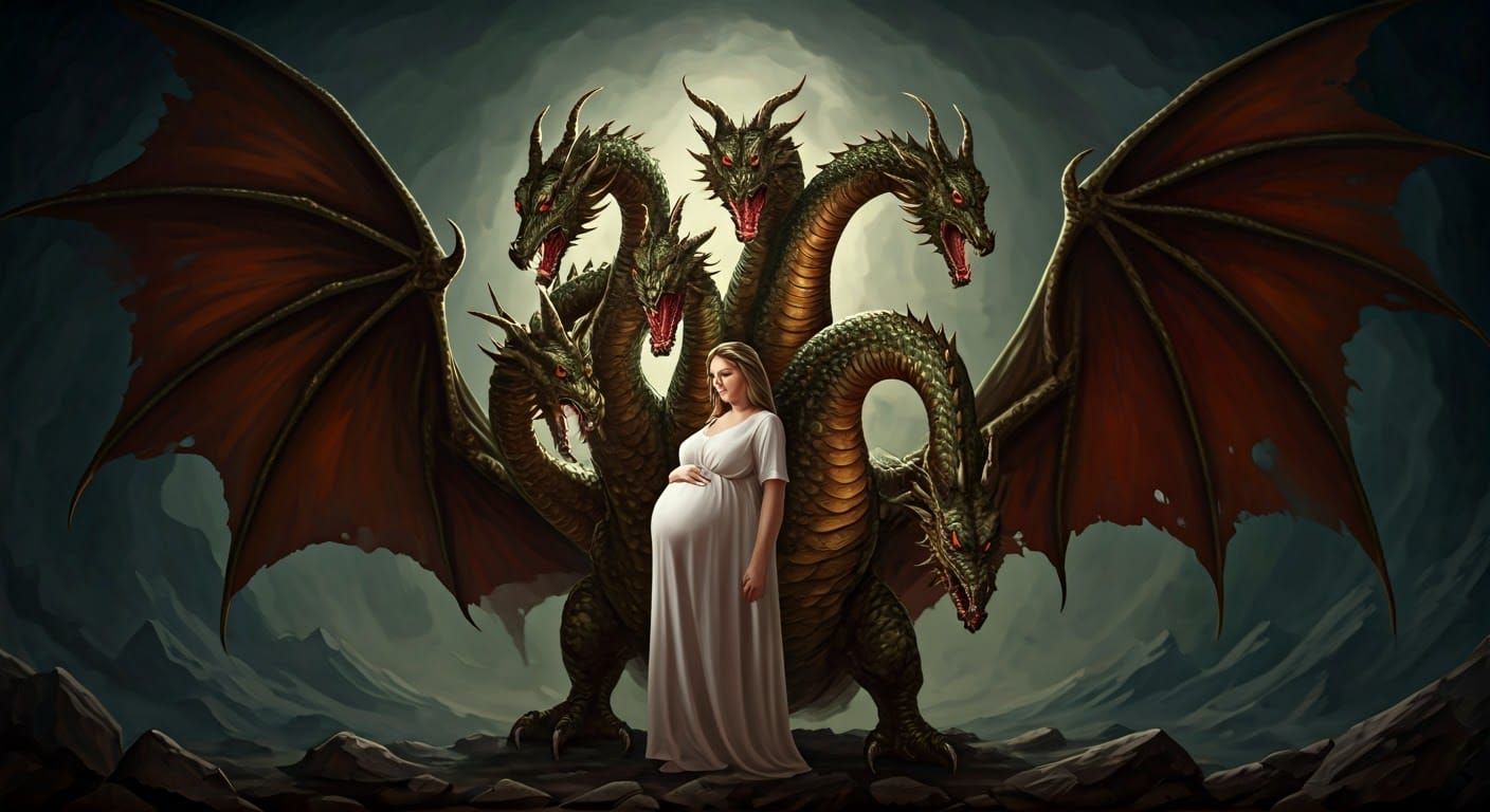 Biblical image, 7-headed dragon threatens pregnant woman