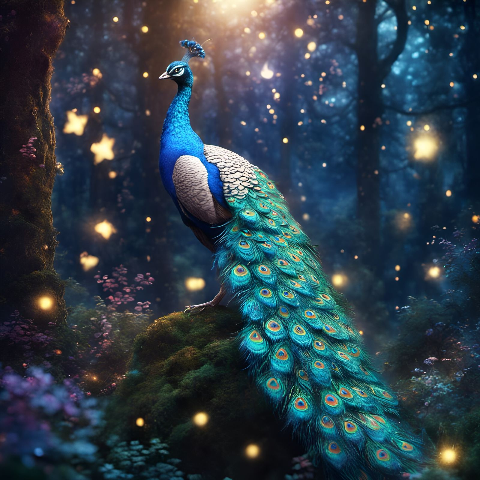 Mystical Peacock in Starry Forest, Detailed Matte Painting