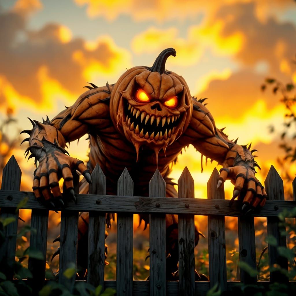 Rotten Pumpkin Monster in Menacing Horror Scene
