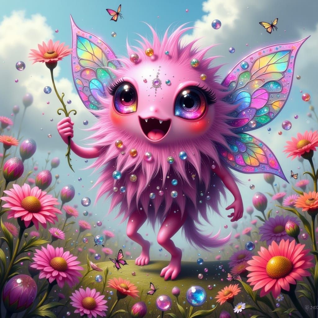 Whimsical Crystal Fae in Vibrant Floral Meadow