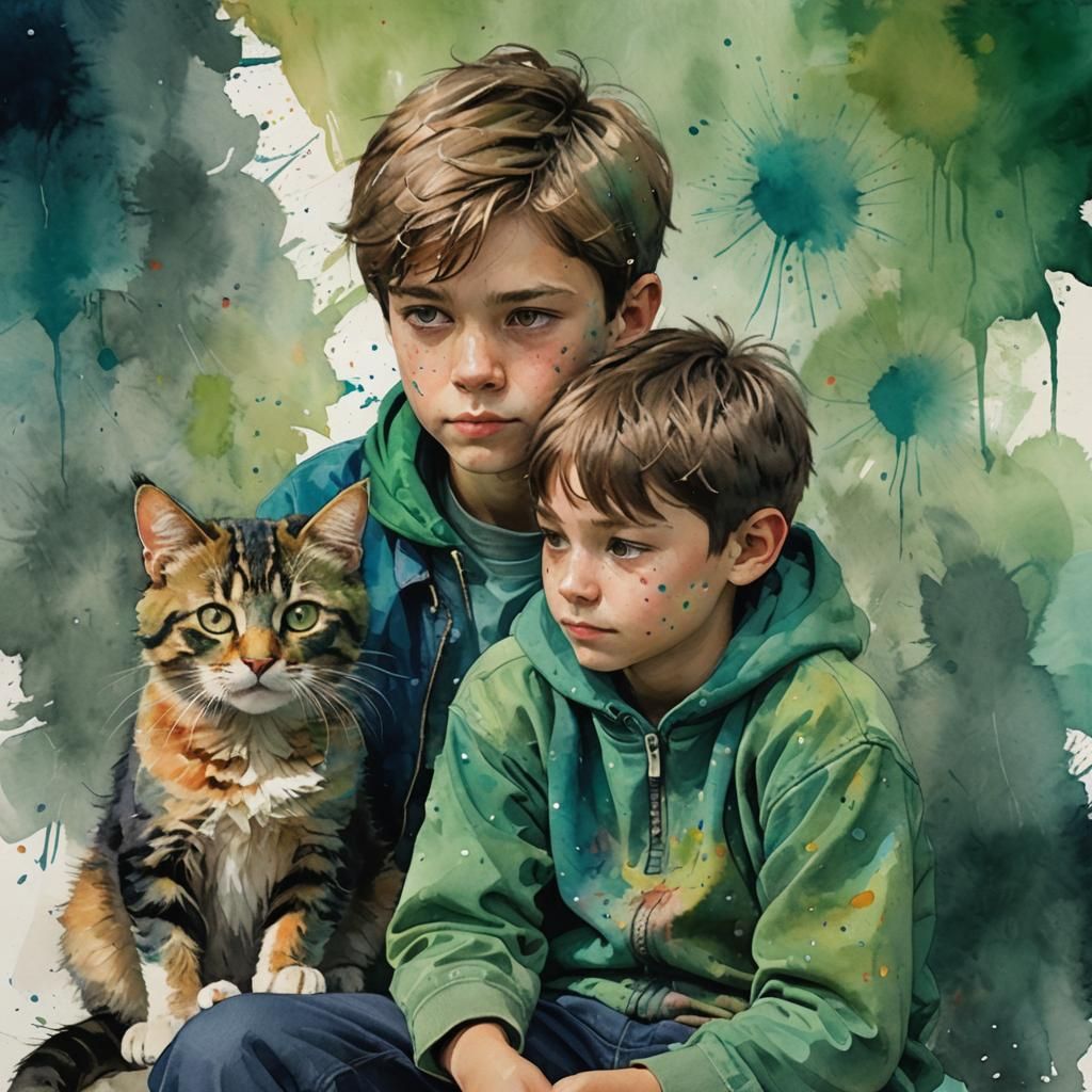 Expressive Boy and Cat Portrait in Watercolor