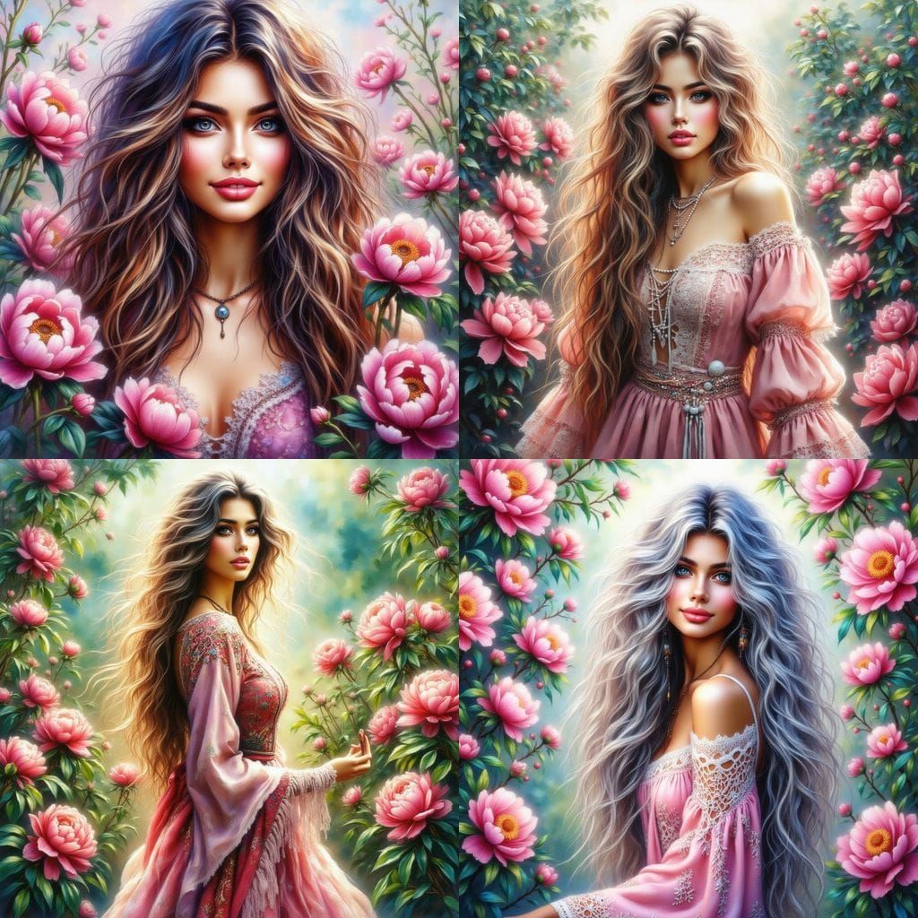 Ethereal Fantasy Woman Amidst Vibrant Peonies