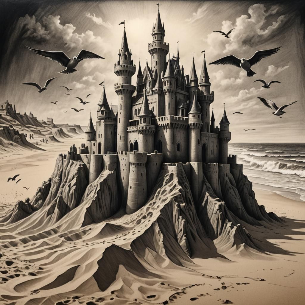 Magical Sandcastle: Hyperdetailed Charcoal Drawing