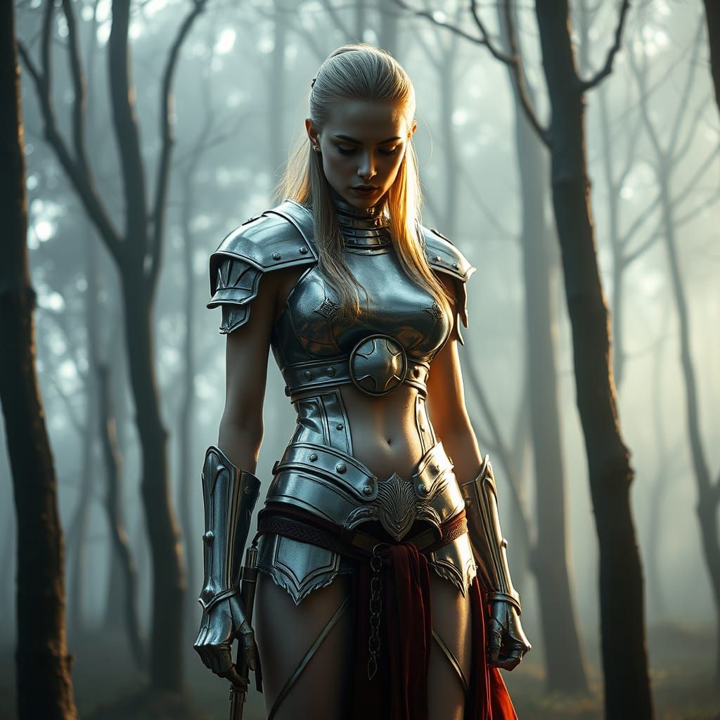 Medieval Female Warrior in Radiant Armor, Set Amidst a Misty...
