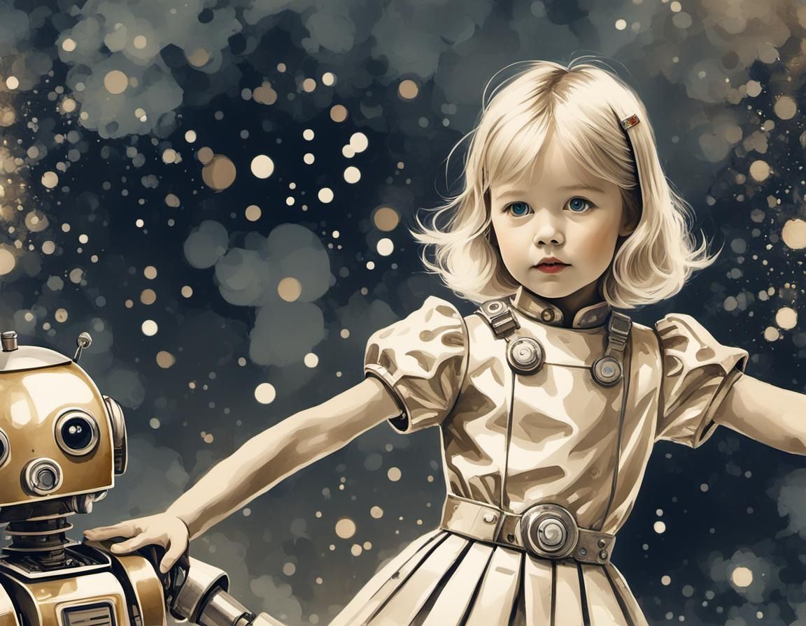 Girl and Robot in Sumi-e Style