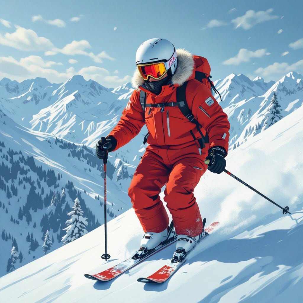 Skier Descends Snowy Mountain in Digital Art Style