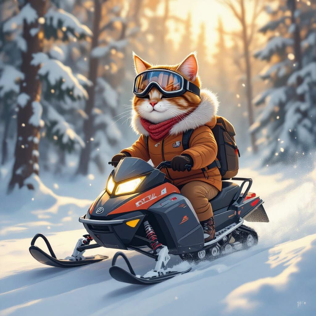 Happy Cat Snowmobiling in Winter Wonderland