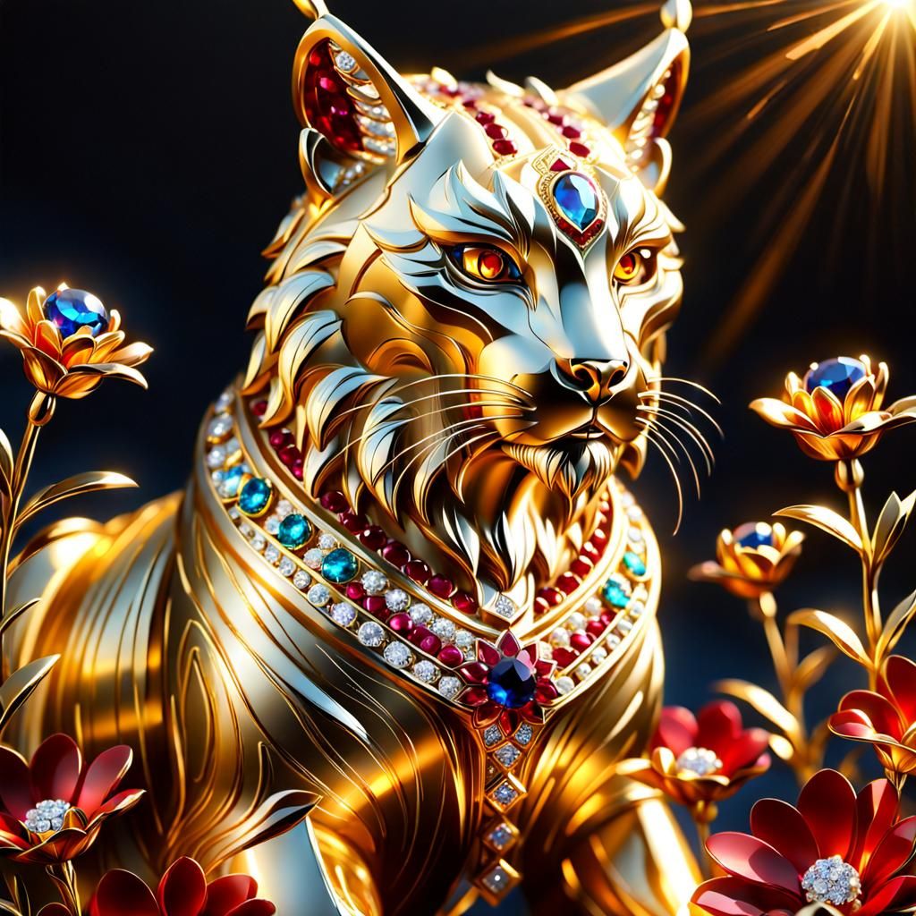 Golden Lynx Sculpture with Crystal Flowers