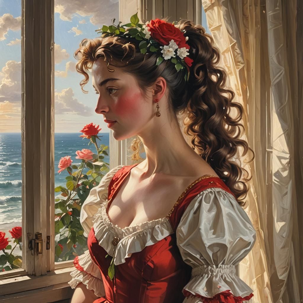 Elegant Woman in Red Dress, Oil Painting
