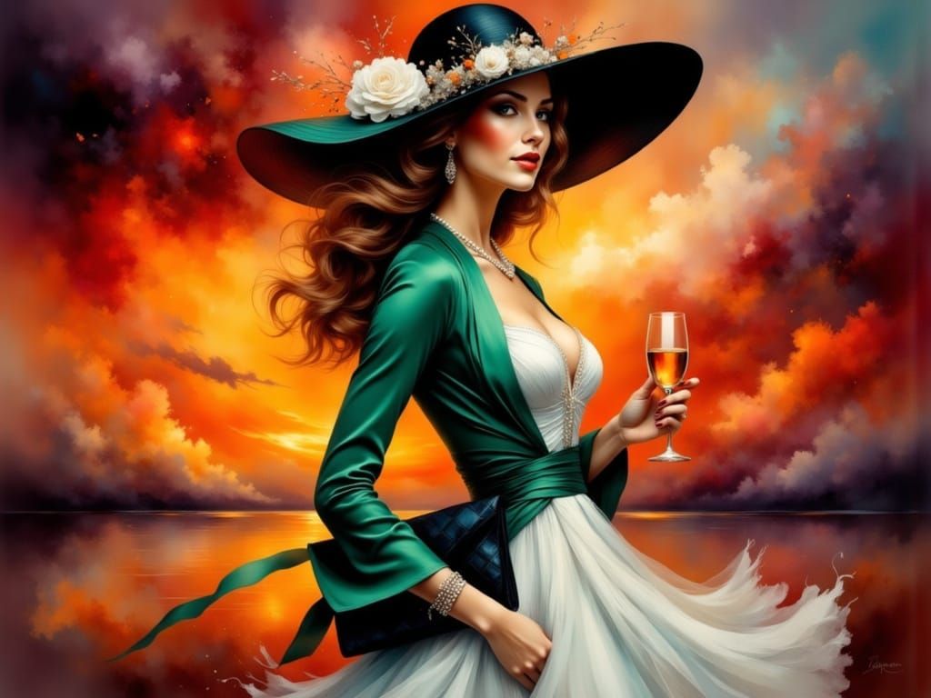 Flamboyant Woman in Emerald Jacket Holding Champagne