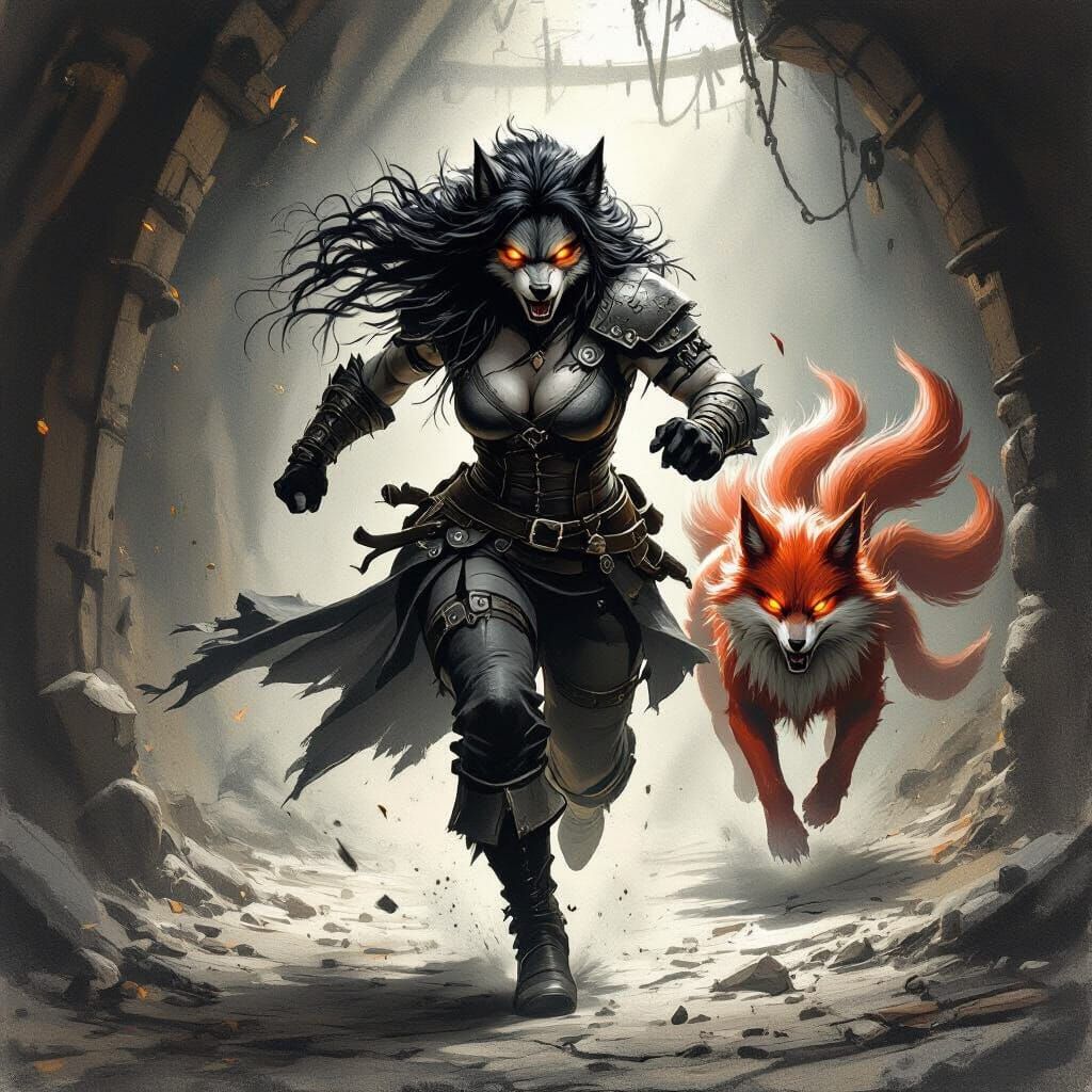 Werewolf Chased by Kitsune Through Pirate Base in Charcoal S...