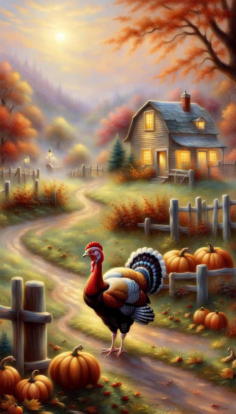Thanksgiving Turkey in Ethereal Farm Scene