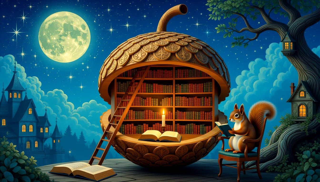 Squirrel Reading in Enchanted Acorn Library