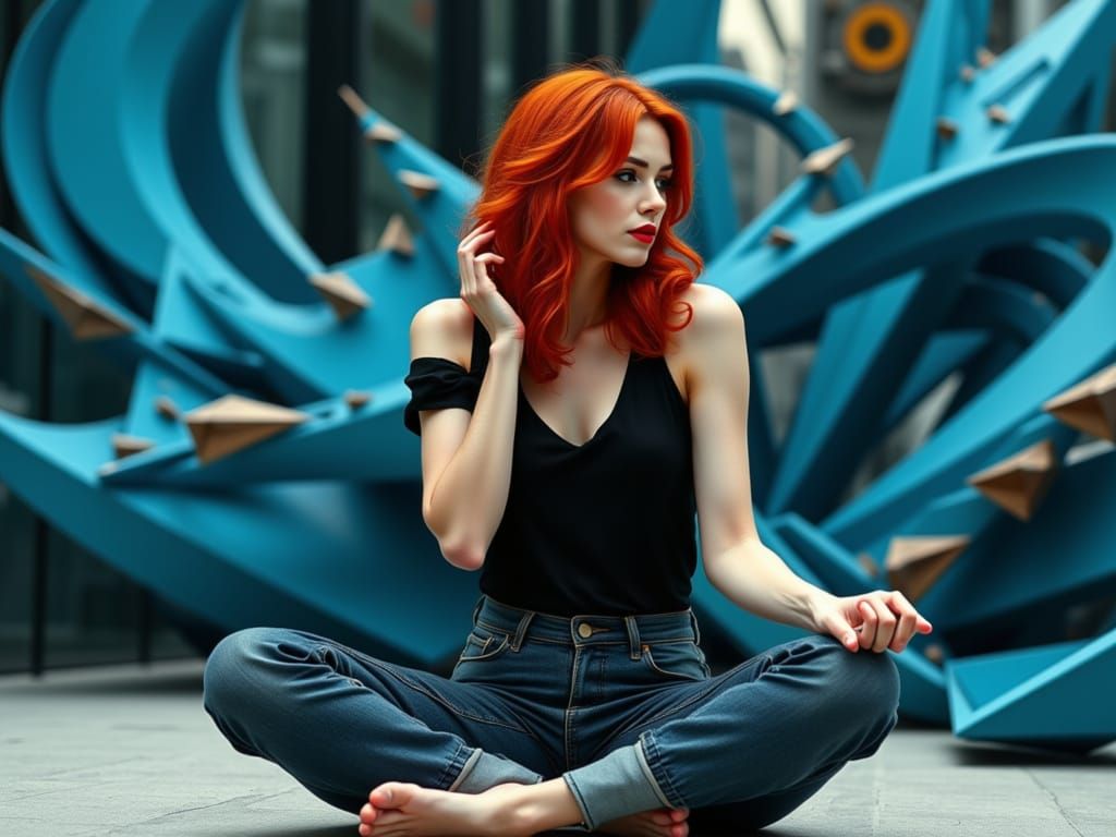 Thoughtful Redhead Woman in Abstract Setting