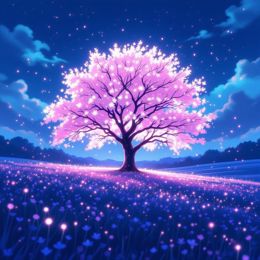 Luminous Sakura Tree in Dreamy Bioluminescent Field
