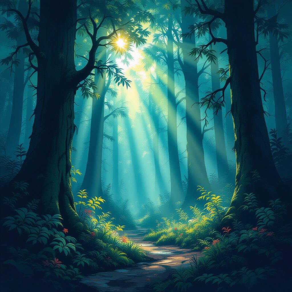 Ethereal Forest Bathed in Mystical Light