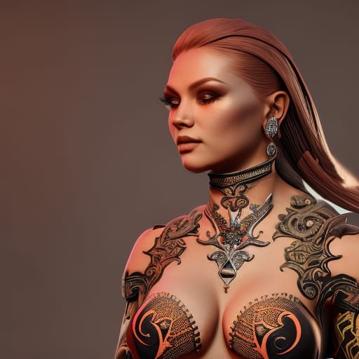 Tattooed Bikini Model in Detailed Fantasy Painting