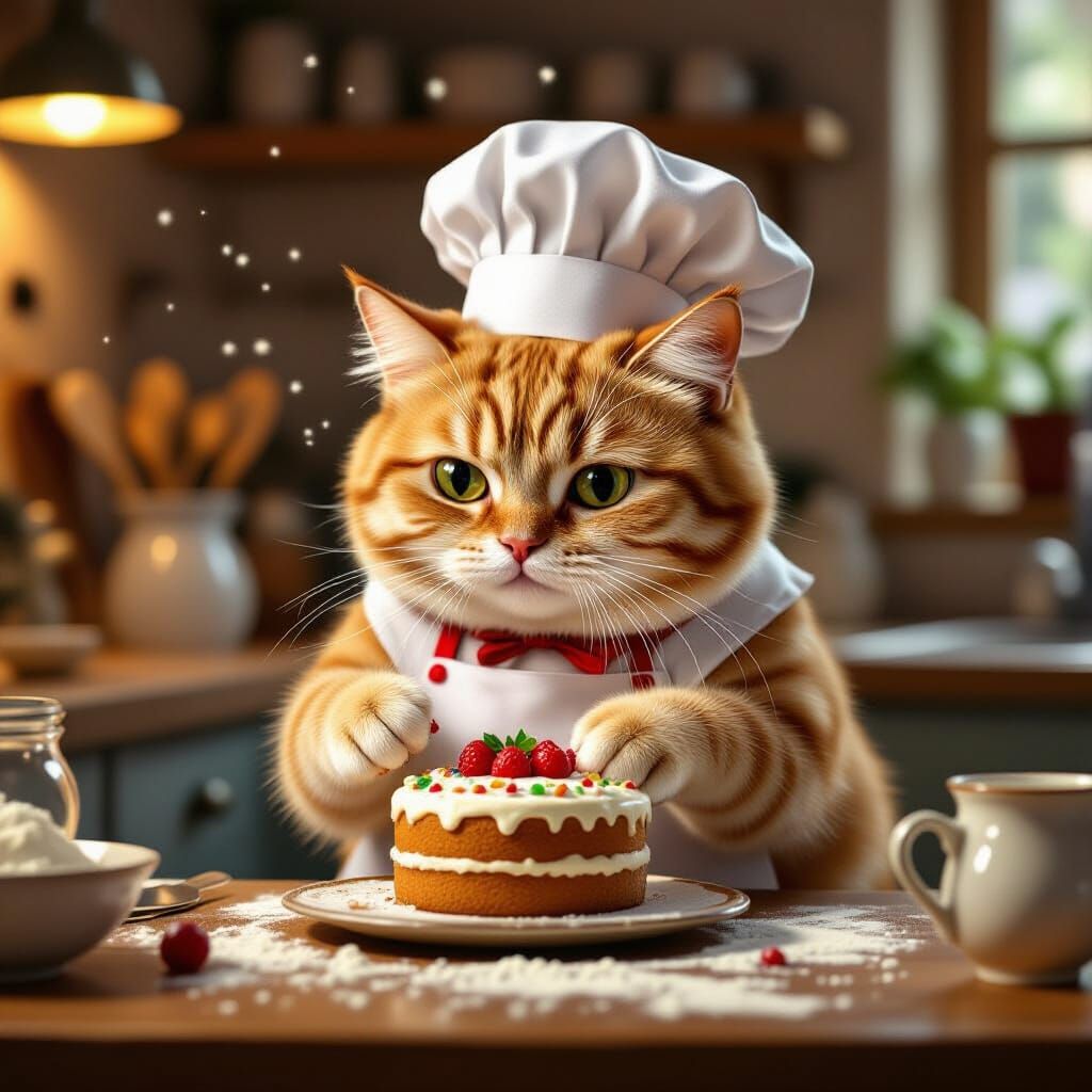 Whimsical Ginger Cat Decorates Tiny Cake in Cozy Kitchen