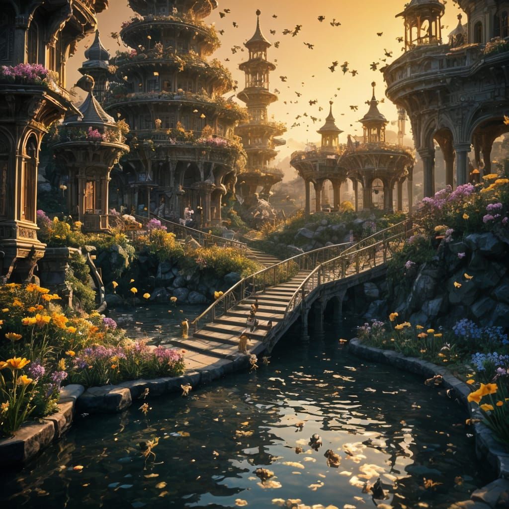Surreal Golden Metropolis of Honeycomb Homes and Delicate Br...