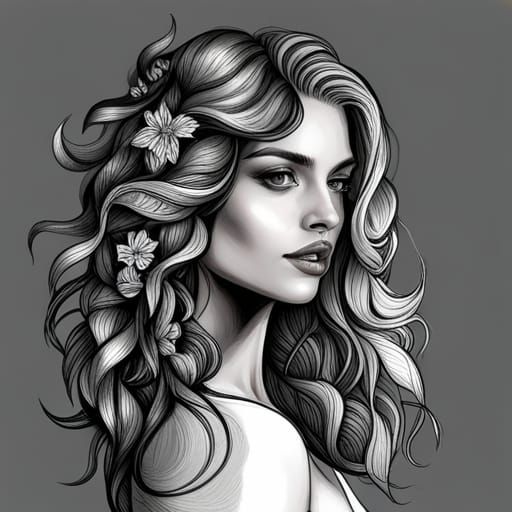 Floral Woman Grayscale Line Art Coloring Page