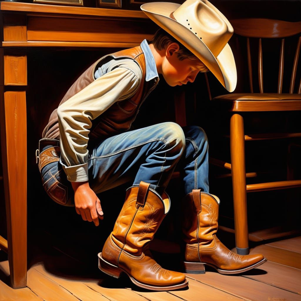 Boy Tries On Cowboy Boots in Golden Hour Light