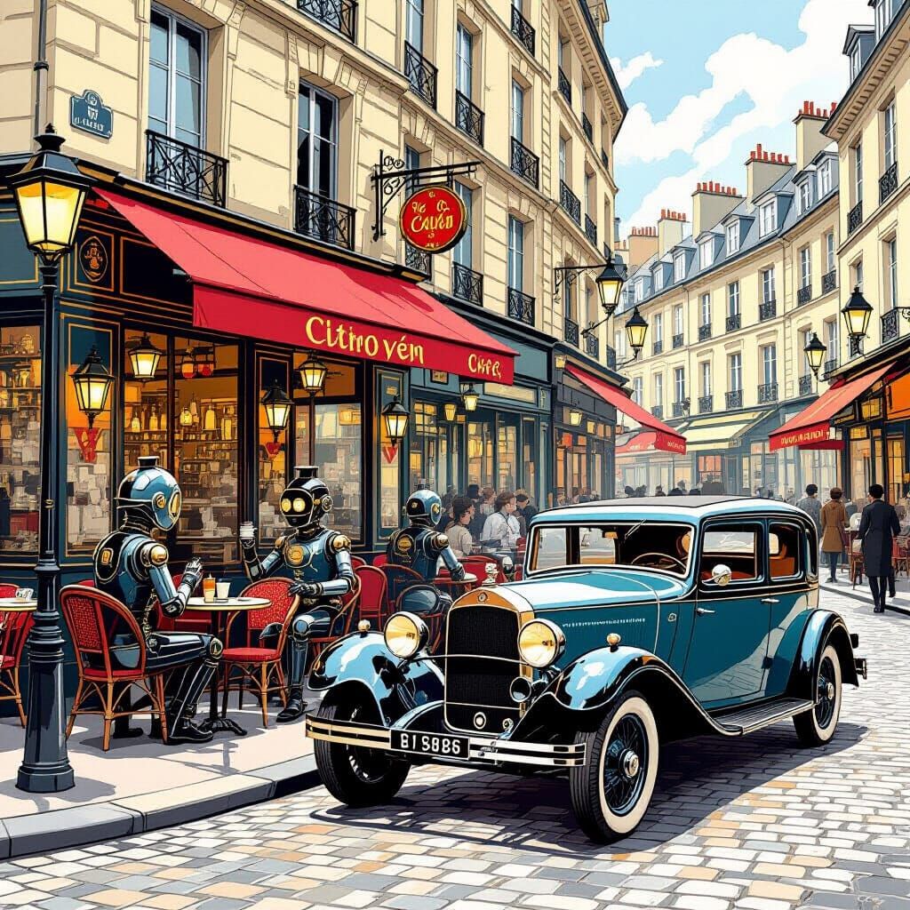 Automaton Cafe in Paris: 1920s Vintage Travel Poster Style