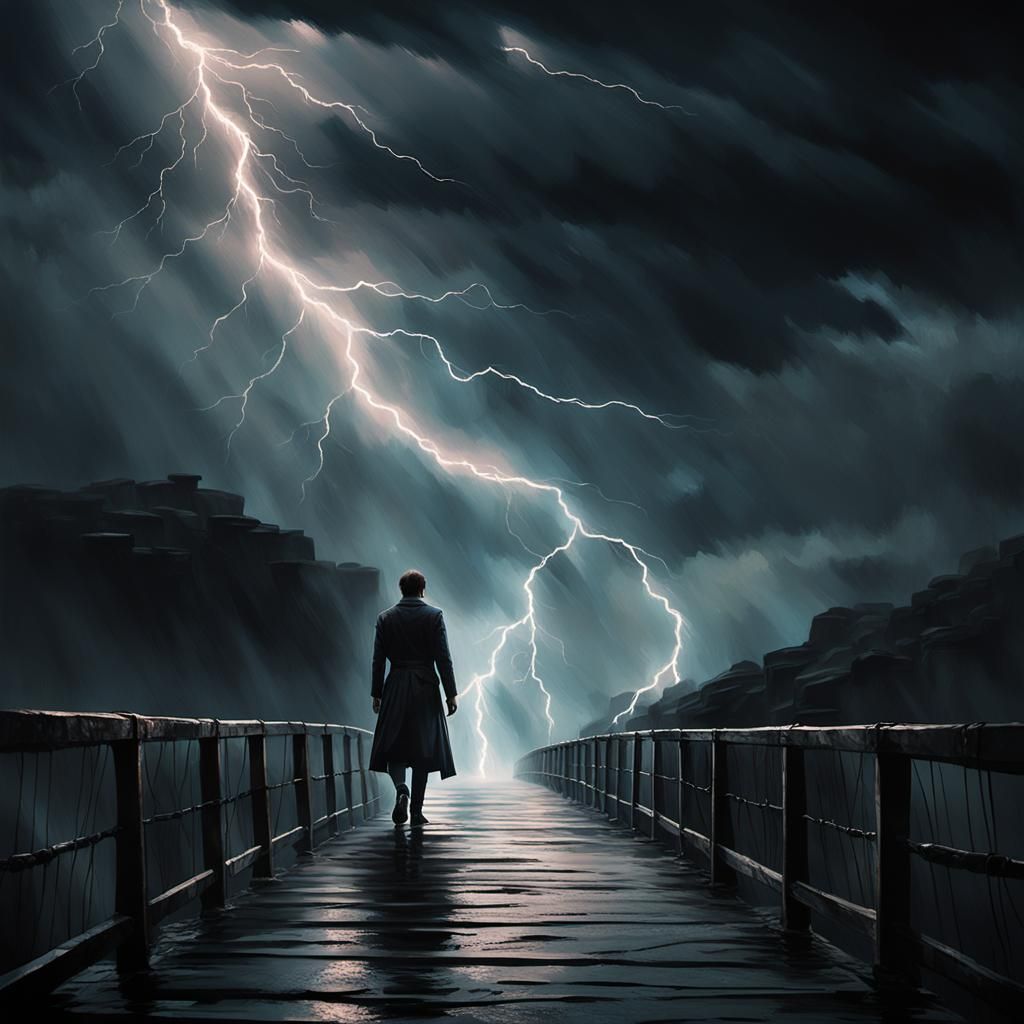 Intense Film Still: Figure on Stormy Rope Bridge