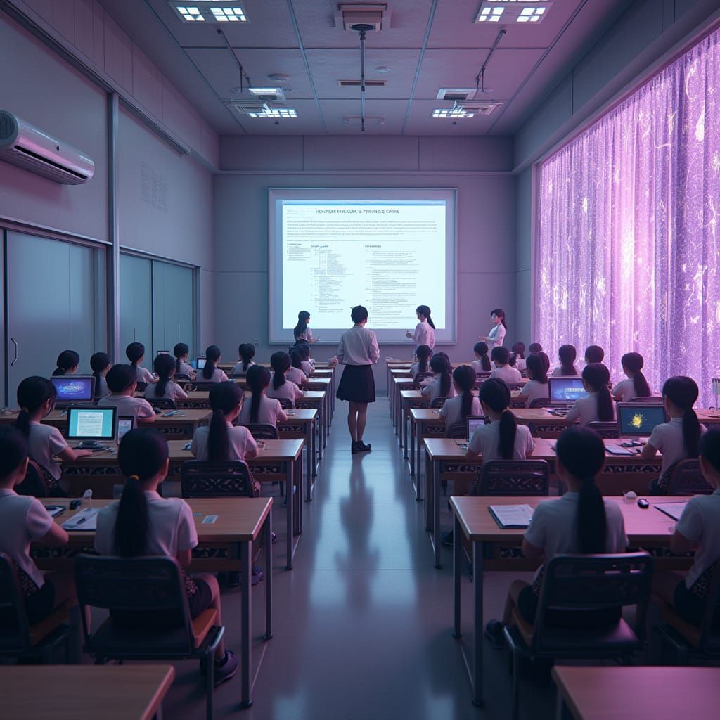 Sleek Futuristic Classroom with Girl Students and Teachers i...