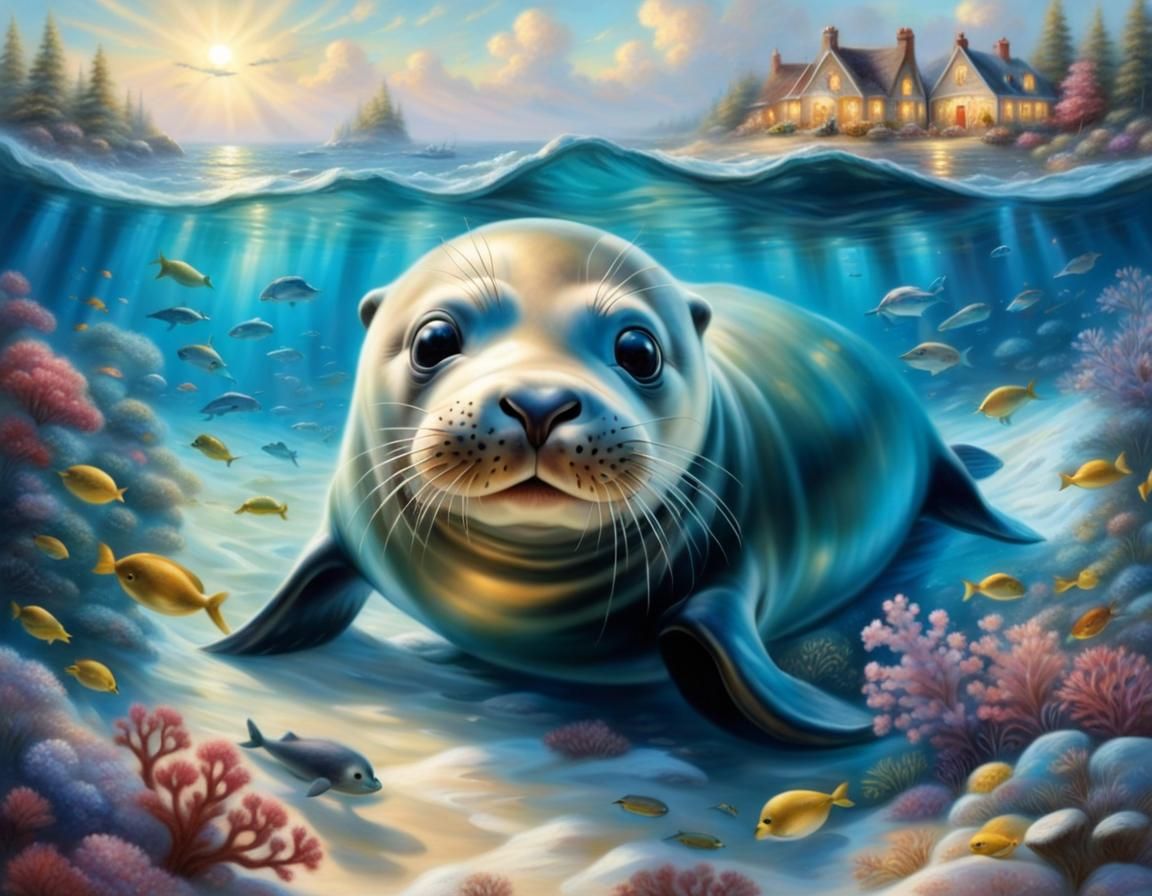 Hyperrealistic Seal in Baroque Cottagecore Oceanscape