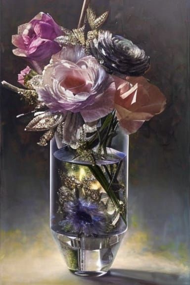 Silver Flowers with Diamond Petals in Crystal Vase