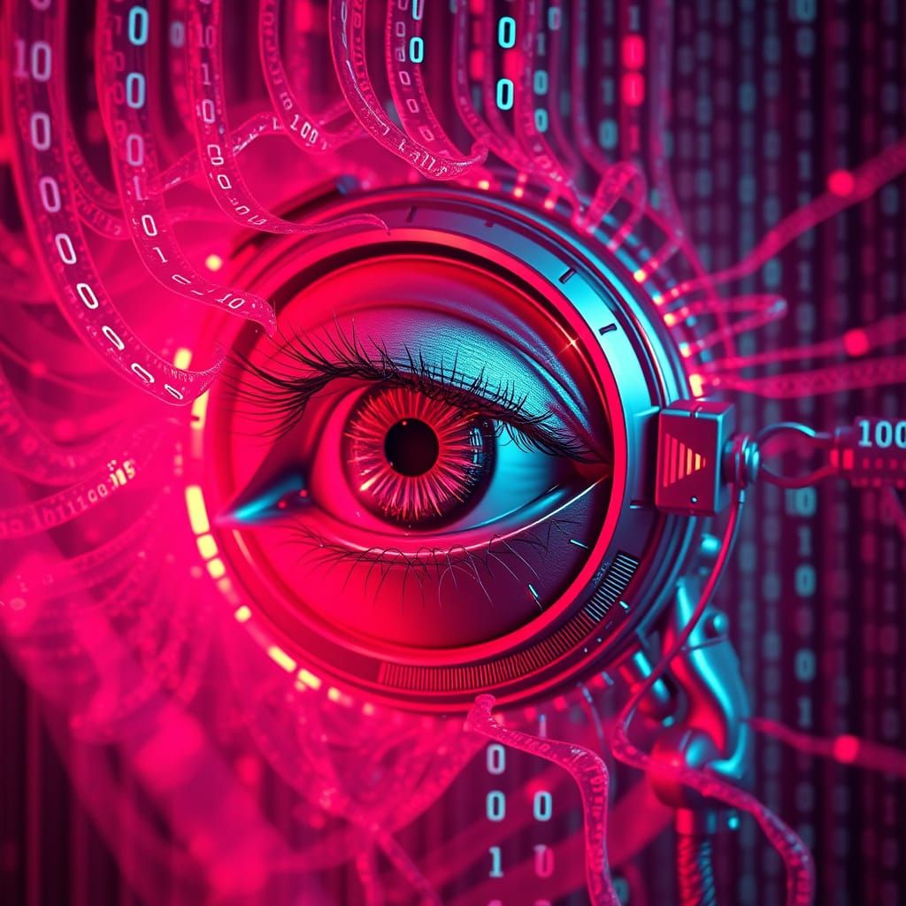 Cyberpunk Eye in Neon Red with Binary Code